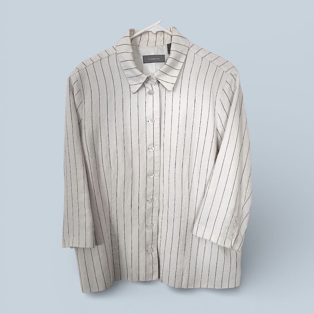 Liz Claiborne Classic Four-Button Navy and White Linen Pinstripe Jacket Sz 16W